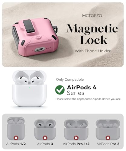 Image of for AirPods 4 Case with Lock (Pink) | Compatible with MagSafe,with Phone Stand,with Automatic Snap Switch Carbon Fiber Design Protection Cover with Cleaning Pen