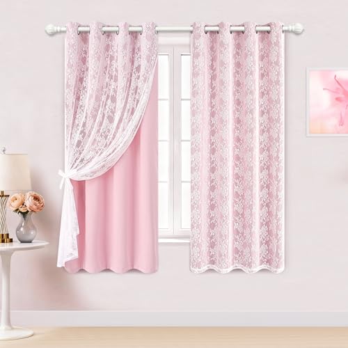 Image of Yinhua Pink Blackout Curtains for Bedroom Double Layer Nursery Curtains for Living Room 63 Inch Length 2 Panels Set Kid Curtain with Floral Sheer Overlay, Grommet Drapes with Tiebacks, 52 inch W x 63 inch L