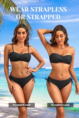 Women's Black Strapless Bandeau Bikini Set - Twist Front Two Piece Swimsuit Top with Side Tie Bathing Suit Bottom M