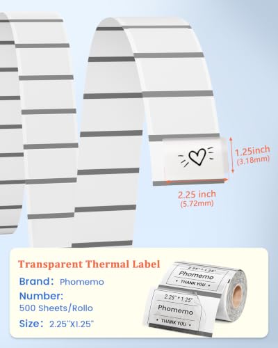 Image of Phomemo 2.25x1.25 Inch Transparent Thermal Labels, 500Pcs | Clear Self-Adhesive Thermal Label Stickers, Waterproof Thermal Label for DIY Custom Logo, Small Business Inventory Price Tags