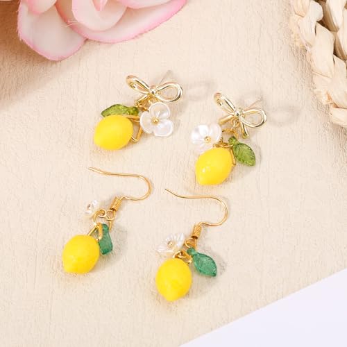 2 Pairs Lemon Dangle Drop Earrings for Women, Cute Fruit Yellow Lemon Bow Earrings Fruit Jewelry Accessories Gift for Cosplay Birthday Parties3