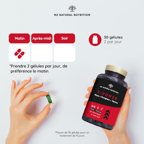 T - Power 100% Natural Male Enhancer avec Maca, Ginseng, L-Taurine, Fenugrec et Poivre Noir. Stimulant + Force + Endurance + Energie. Pre workout. 30 gélules. Végétalien. N2 Natural Nutrition – Image 3