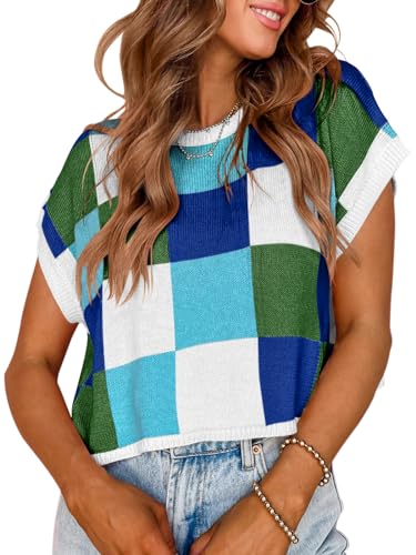 Image of Saodimallsu Womens Cap Sleeve Crop Tops Summer Color Block Going Out Crew Neck Knit Trendy Casual Sweater