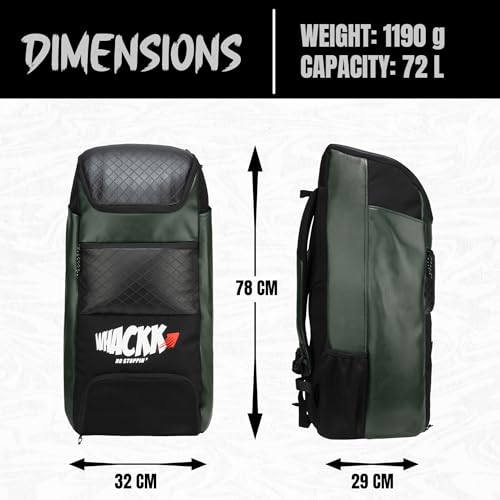 Image of WHACKK Lara 72L | Premium Artificial Vegan Faux Leather Cricket Backpack|KitBag|Adult Size|2 Bat Pocket|Shoe /Helmet Pocket|Fit 18 inch Leg Pad 2 Bottle Holder|Easy Access|Player Senior (Olive Green)