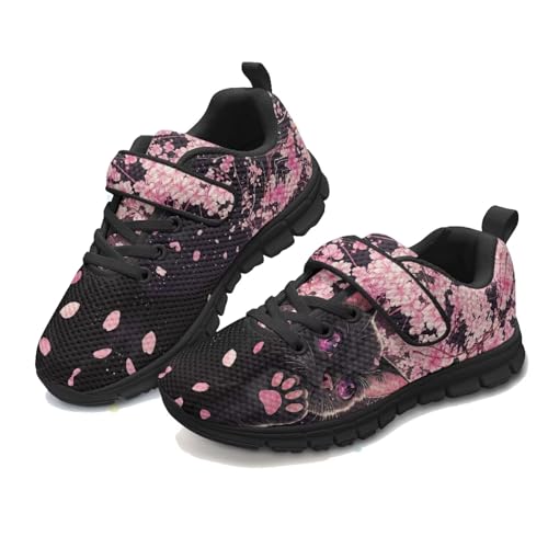 Black Cat Shoes for Girls Kid’s Halloween Sneakers Knitted Mesh Sports Running Athletic Casual Shoes with Hook and Loop