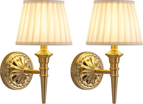 Battery Operated Wall Sconces Set of 2, 5200mAh Rechargeable Wall Lamp with Remote, Dimmable LED Wall Sconce with Fabric Shade, Vintage Cordless Wall Lights for Bedroom, Hallway, Living Room (Gold)