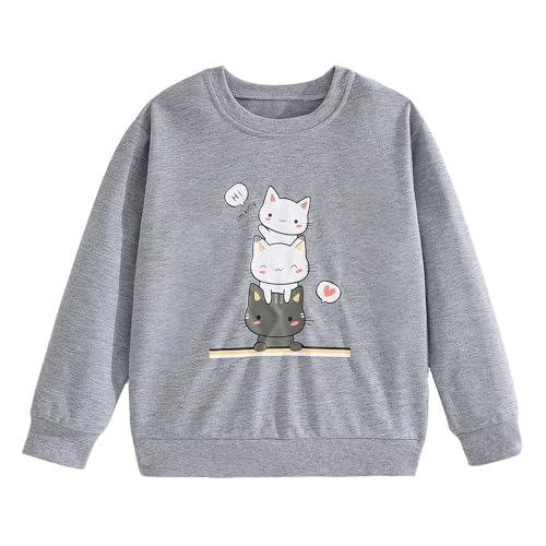 Xumplo Girls Long Sleeve Jumper Clothes Tween Girl Grey Cat Sweatshirt Teen Girl Crew Neck Casual Pullover Top Kids Clothing 12-13 Years