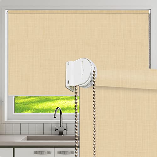 Custom Size 100% Blackout Beige Yellow Textured Window Roller Shades Blinds, Easy Installation for Home and Office