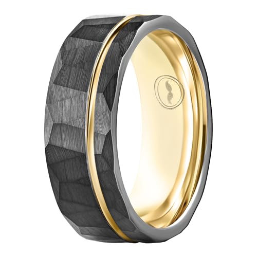 Gentlemen's Bands 8mm Black Hammered Tungsten Men’s Wedding Band With Thin Gold Strip and Gold Interior | Engagement, Promise Ring For Men | Includes Silicone Band, Walnut Box, Leather Pouch Set