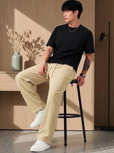 Image of Men's Casual Striped Trouser | Relaxed Fit Drawstring Pants for Men | Elastic Waist Straight Fit Lounge Trousers | Lightweight Summer Cotton Bottoms | Comfortable Daily, Beach, Travel Pants