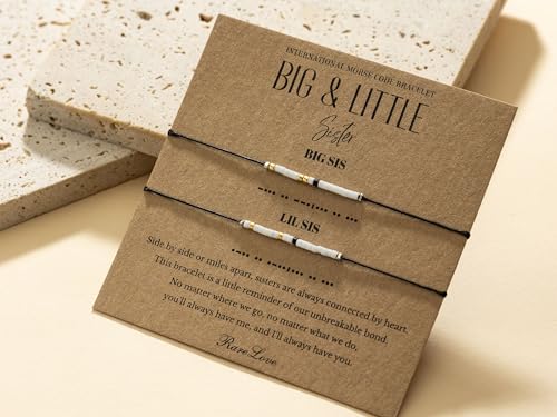 RareLove 2PCS Big Sister Little Sister Matching Bracelets Sister Morse Code Beaded Bracelet for Women,Sister Bracelets for 2,Matching Sister Bracelets,Black White Gold Pony Seed Tiny Beads, 12MSE11014