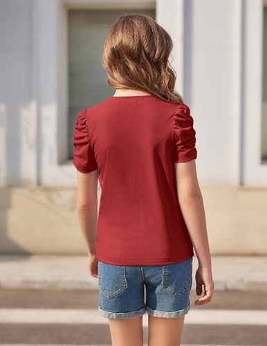 Image of Arshiner Girls Puff Short Sleeve Shirts Summer Ribbed Knit Crewneck T Shirt Tops Tee Blouse