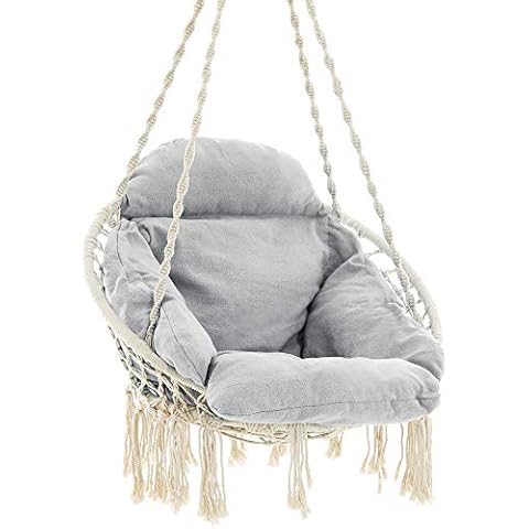 SONGMICS Hängesessel, Hängeschaukel, Hängestuhl mit einem dicken Kissen, bis 120 kg belastbar, für Garten, Balkon, Wohnzimmer, Terrasse, skandinavischer Stil, modern, beige-grau GDC042G01 Cover