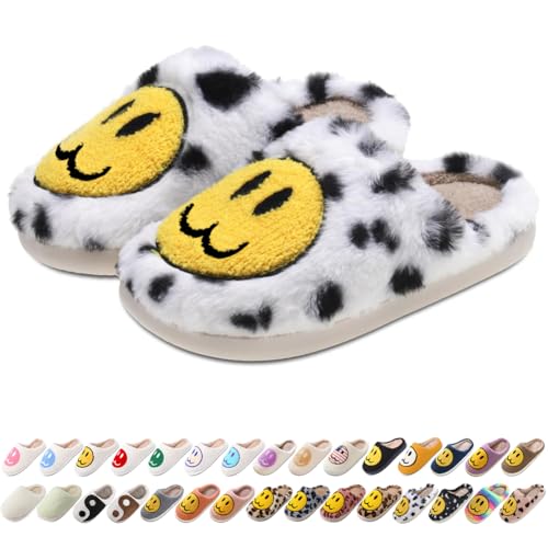 Image of Women's Men's Preppy Happy Face Slippers Comfy Warm Plush Slip-On House Slipper for Winter Indoor Soft Cushion Non-slip Fluffy Slides Slippers