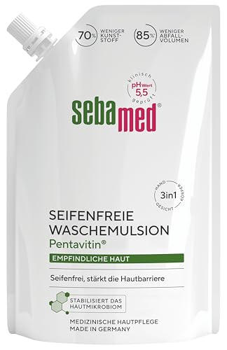 Sebamed seifenfreie Waschemulsion Nachfüllbeutel 400 ml seifenfreie Reinigung für empfindliche Haut stärkt die Hautbarriere zur Hand- Gesichts- und Körperreinigung geeignet