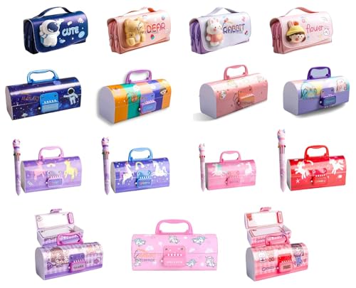 Pencil case Style Password Lock Multi-Layer Pencil Box & 3D EVA Pencil Case Pouch for Boys Girls(Dinosuar Pink P.Box+Flower Pouch)