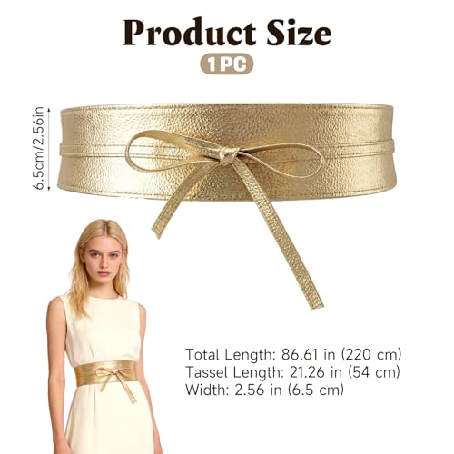 Axafazup Women Obi Waist Belt, Gold Faux Leather Wide Wrap Around Obi Belt, Fashion Adjustable Self Tie Waist Belt for Dresses and Blouses - Thumbnail 2