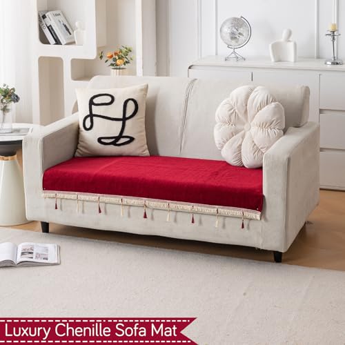 Image of HOKIPO 'Serenity Tassel' Chenille 2 Seater Sofa Cover with Tassel - Crimson Ruby (IN-891-MRN)
