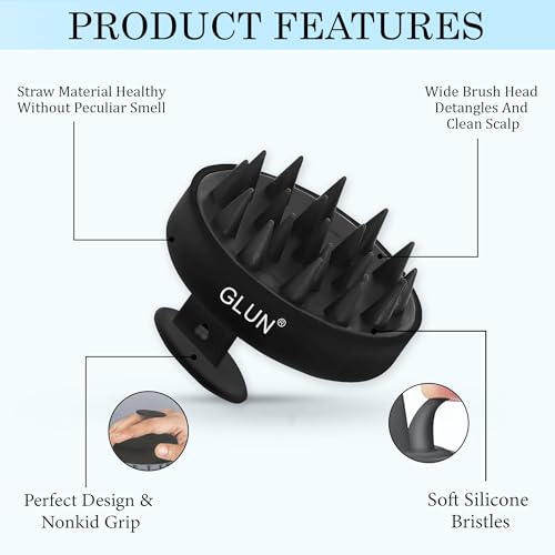Image of GLUN Anti-Dandruff Round Scalp Massager with Elastic Closing Black Hair Bonnet Cap with 3 Satin Scrunchies Combo, Treatment Accessories for Hairs, Shampoo Brush Super Soft Bristles