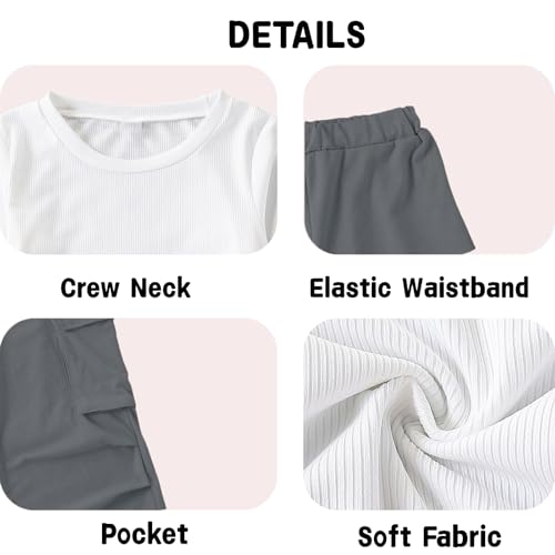 Image of Azmxynol Girls Clothes 2 Piece Outfit Ribbed T-Shirt Top + Cargo Pants, Girls Fall Clothing Set, Sizes 5-16 Years
