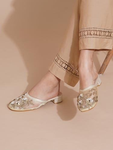 Image of TRYME Embellished Block Heel Mules for Women | Elegant Slip On Dress Sandals | Comfortable Fashion Heels for Casual, Wedding & Evening Occasions