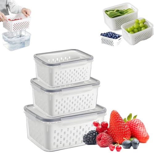 4 in 1 Food Storage Container-3 Piece Set with Lids, 2026 Upgraded Fruit Storage Containers for Fridge, Household Transparent Plastic Food Storage Box-Including Drain Basket (Gray)