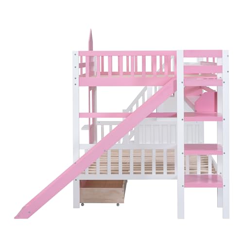 Full-Over-Full Bunk Bed, Castle Style Bunk Bed with 2 Drawers and 3 Shelves, Solid Wood Bunk Beds with Slide and Storage Staircase, Playhouse Low Bunk Bed for Kids Teens Boys Girls (Pink-O273)