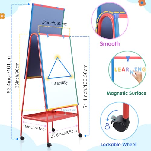 Mobile Dry Erase Board with Stand - 64.4" H Double Sided Portable Rolling Whiteboard Kids Easel for Classroom,Height Adjustable Magnetic White Board on Wheels for Home,School,36x24 inches