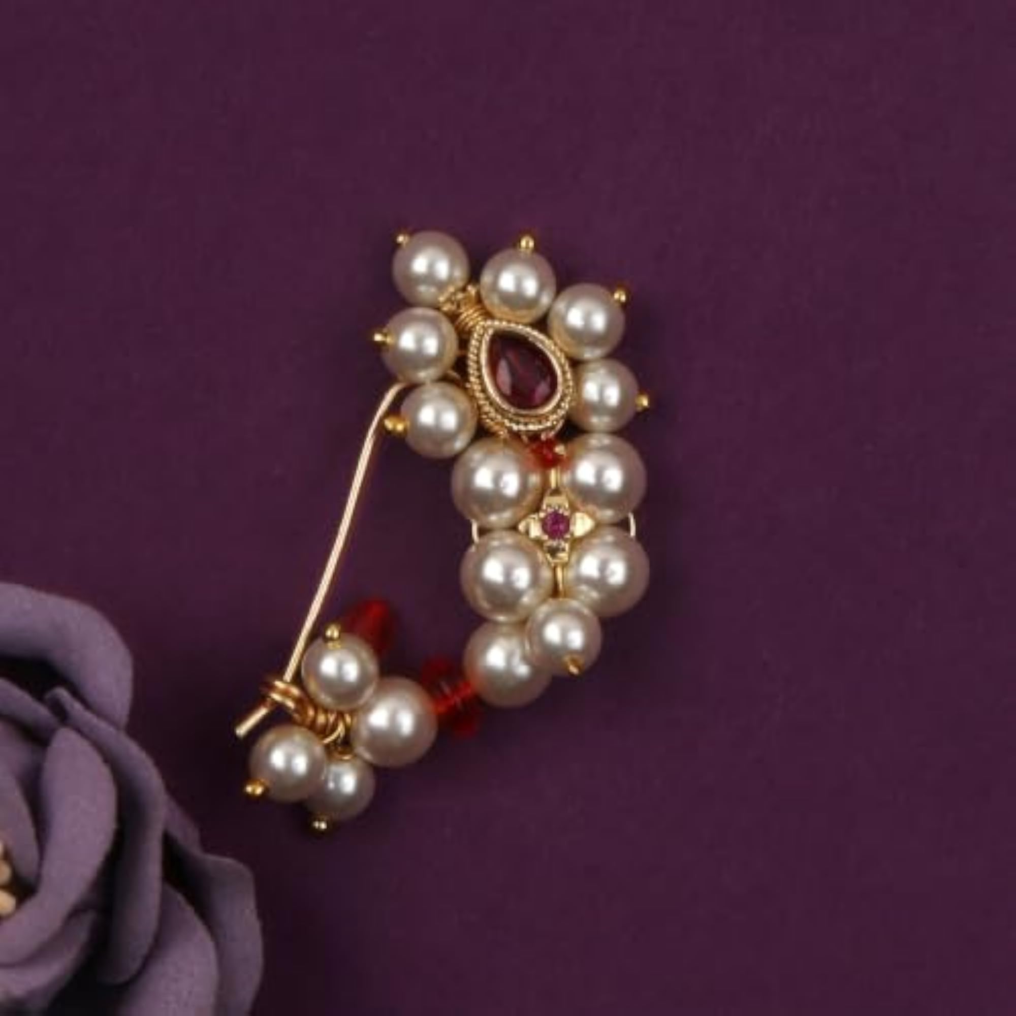 Maharashtrian Pink Stone & Pearl Stud Nose Pin for Bride