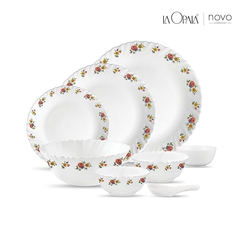 Image of La Opala Novo Collection Opal Glass Crockery | for Family of 6 | Dinner Set 35 pcs Petite Roses | Plates & Bowls for Dining | Microwave Safe | 100% Vegetarian | Extra Strong | Light & White