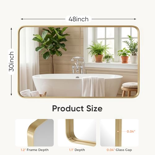 Image of Sweetcrispy Bathroom Wall Mirror, 48x30 Inch Wall Mount Mirror for Over Sink, Modern Rounded Rectangle Vanity Mirrors with Matte Metal Framed, for Home Decor, Living Room, Bedroom, Gold