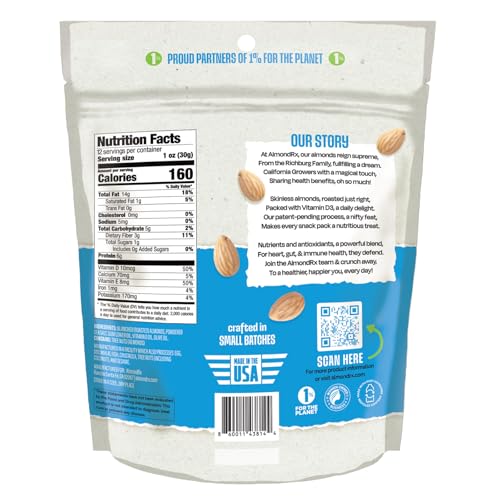 Image of AlmondRx | Heart Healthy Skinless Lightly Salted California Almond Snack Packs | Fortified with Vitamin D | Plant Protein | Keto | Vegan | No Sugar Added (12 Ounce (Pack of 1), Sea Salt)