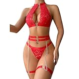 Sexy Damen Dessous Set Spitzen Unterwäsche Sexy Reizwäsche mit Strumpfhalter Teddy Bügel Babydoll Bodysuit mit Strumpfgürteln sexy BH und Höschen Sets Hoher Taille Tiefer V-Ausschnitt