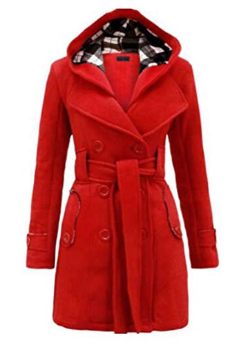 Huixin Mujer Otoño Invierno Termica Duffle Abrigo Moda Doble Botonadura Encapuchado Largo Abrigo Parkas Delgado Casual Capa con Capucha (Rojo,L)