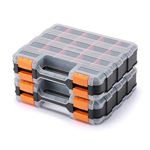 Casoman Double Side Tool Organizer, With Impact Resistant Polymer And Customizable Removable Plastic Dividers, Hardware Box Storage, Excellent For Screws,Nuts,Small Parts, Black/Orange. 2-Pieces Pack #TOP1