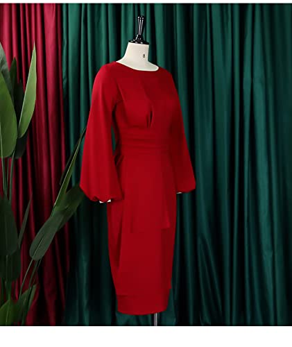 ECDAHICC Women's Elegant Formal Plus Size Dresses Puff Long Sleeve Round Neck Patchwork Bodycon Business Pencil Midi Dress4