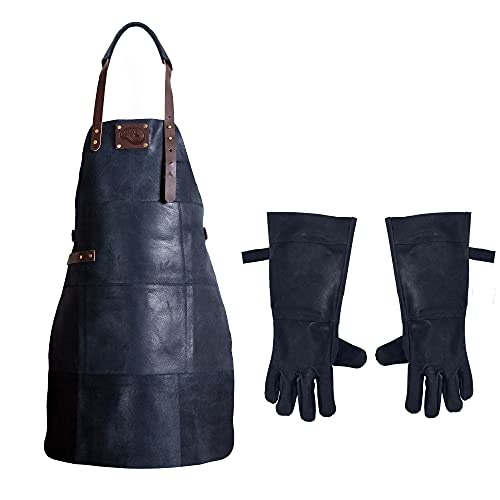 Leertheorie Leder-Grillschürze + Leder-Grillhandschuhe | Premium-Schürze | Grillschürze | Schwarz | 81 cm x 56 cm | Küchenschürze für Herren (Schwarz) Cover