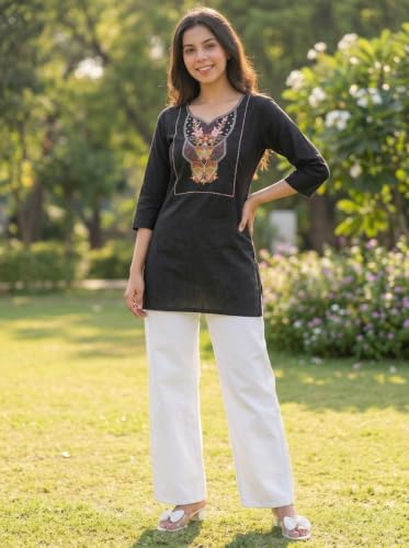 Image of Cotton Blend Embroidered Straight Kurta for Women | Cotton Blend | 3 /4 Sleeve | Round Neck V-Slit | Ethnic Wear Casual Wear