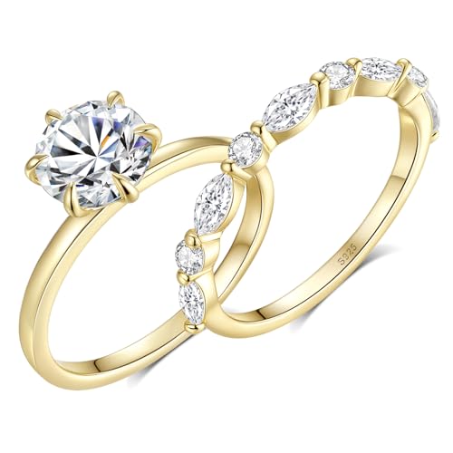 Moissanite Wedding Ring Bridal Set for Women 3.3CTTW(2CT Center) Round Cut 9K Gold Plated 925 Sterling Silver Wedding Band Engagement Rings for Her - Main Image