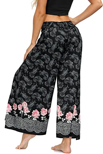 Newsite Womens Slit Wide Leg Pants Casual Beach Boho Baggy Yoga Print Hippie Bohemian Pilate Belly Dance Trousers,Grey Feather Floral,S/M #TOP3