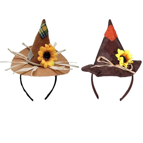 2 Pcs Scarecrow Hat Adult Scarecrow Costume Accessories Straw Witch Halloween Accessories Hats Sunflower Patchwork for Scare Crow Costume Women Men Cosplay Party Accessory Coffee & Khaki Colors