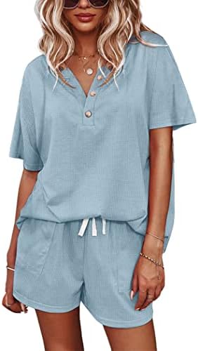 Ekouaer Women's Pajama Sets Waffle Knit Sweatsuit Set Short Sleeve Loungewear Two Piece Sleepwear Casual Jogger Pj Shorts with Pockets