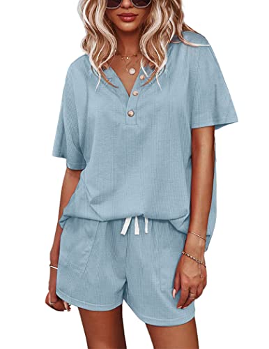 Ekouaer Women's Pajama Sets Waffle Knit Sweatsuit Set Short Sleeve Loungewear Two Piece Sleepwear Casual Jogger Pj Shorts With Pockets #TOP3