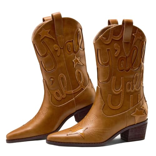 Image of Metallic Cowboy boots for Women Embroidered Mid Calf Womens Cowgirl Boots Western Pointed Toe Chunky Heel