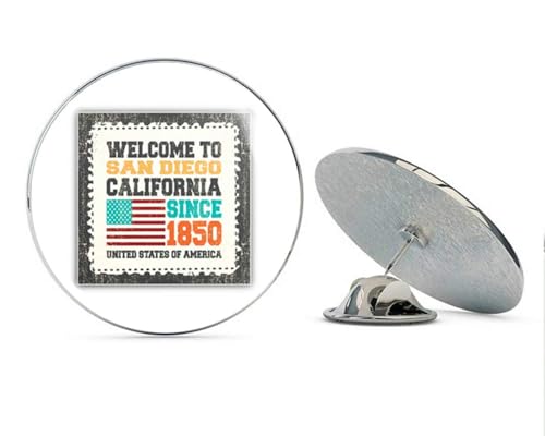 San Diego Grunge Travel Postage Stamp Round Metal 0.75" Lapel Pin Hat Shirt Pin Tie Tack Pinback2