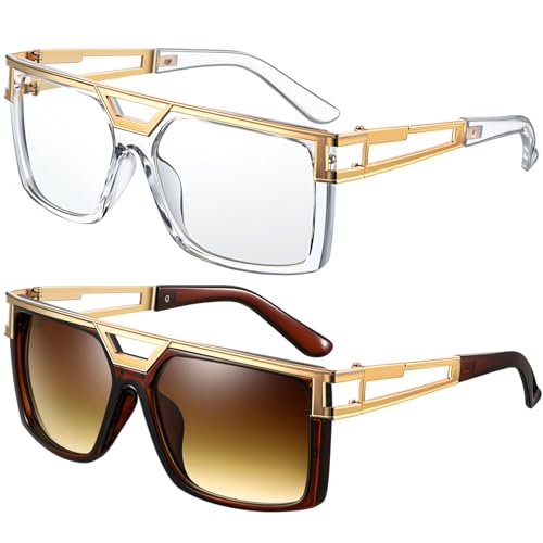 Hicarer 80s 90s Sunglasses Vintage Rapper DJ Hip Hop Glasses Retro Old School Glasses for Men Women (Brown-gradual Brown Clear)