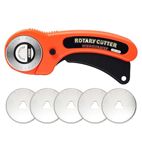 XoeLLe Rollschneider Rotary Cutter 45mm mit 5 Ersatzklingen Stoffschneider Rollschneider Rollmesser Rollklinge Sicherheitsverschluss Edelstahl für Stoff, Leder, Nähen, Quilten, Basteln (Orange)