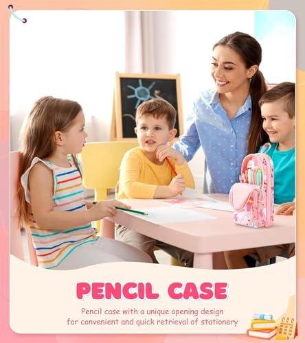 Image of Dravina Canvas Large Capacity Pencil Pouch with 3 Zippers & 5 Compartments| Aesthetic Stationary Standing Pencil Case| Waterproof School Box for Girls & Boys Unicorn Pencil Box (Pink Unicorn)