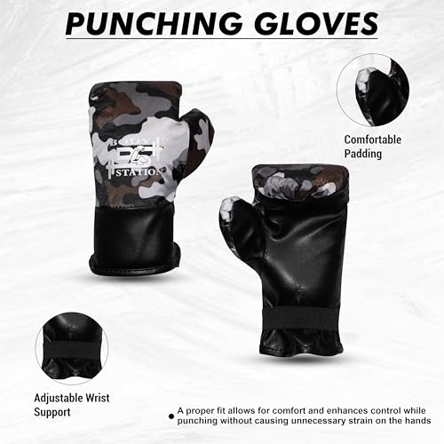 Image of Kids Champ Junior Punching Set | 1 Punching Bag, 1 Head Guard, 2 Gloves | Boxing Training Punching Bag & Gloves for Boys & Girls | for 3 to 10 Years Kids (Set of 4) (Black Camo)