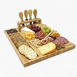joeji's Kitchen Set de Regalo de Tabla de quesos - Tablero Madera de bambú natural con Cuatro Cuchillos - Ideal para charcutería y tapas - Ponga de inauguración de la casa de Aniversario Navidad